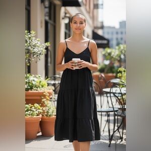 Gap Black Cotton Tiered Midi Dress Pockets Large